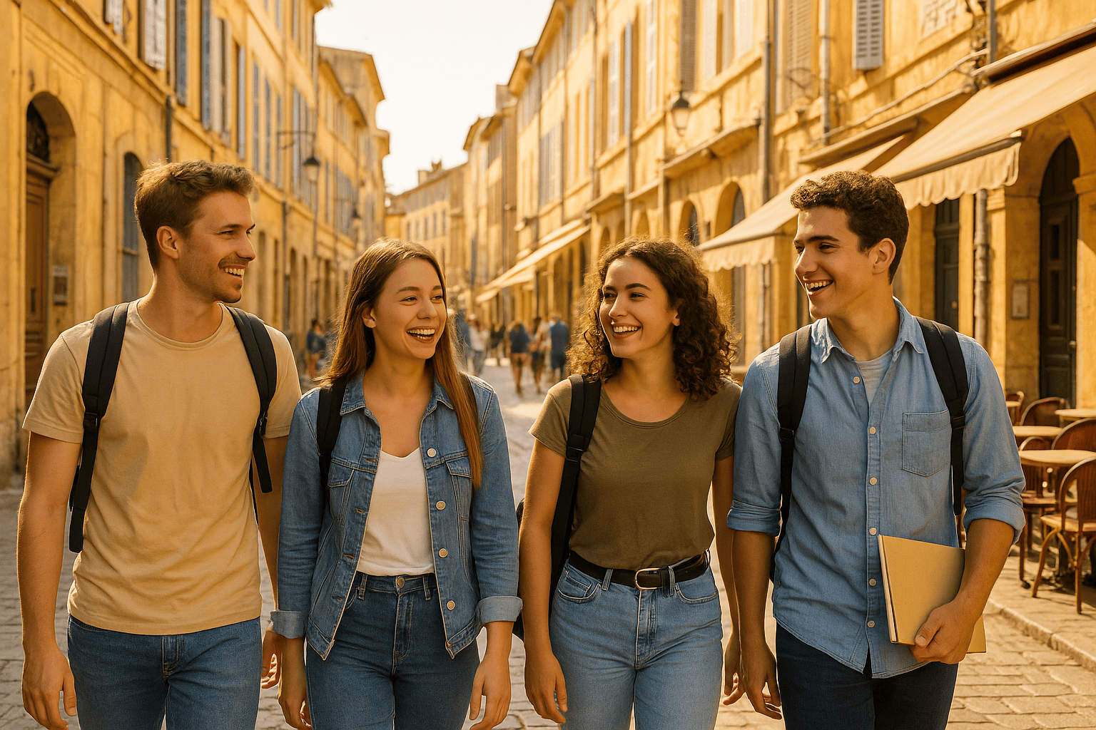 un groupe d'étudiant se balladant dans les rues d'aix heureux de bien gérer leurs révisions