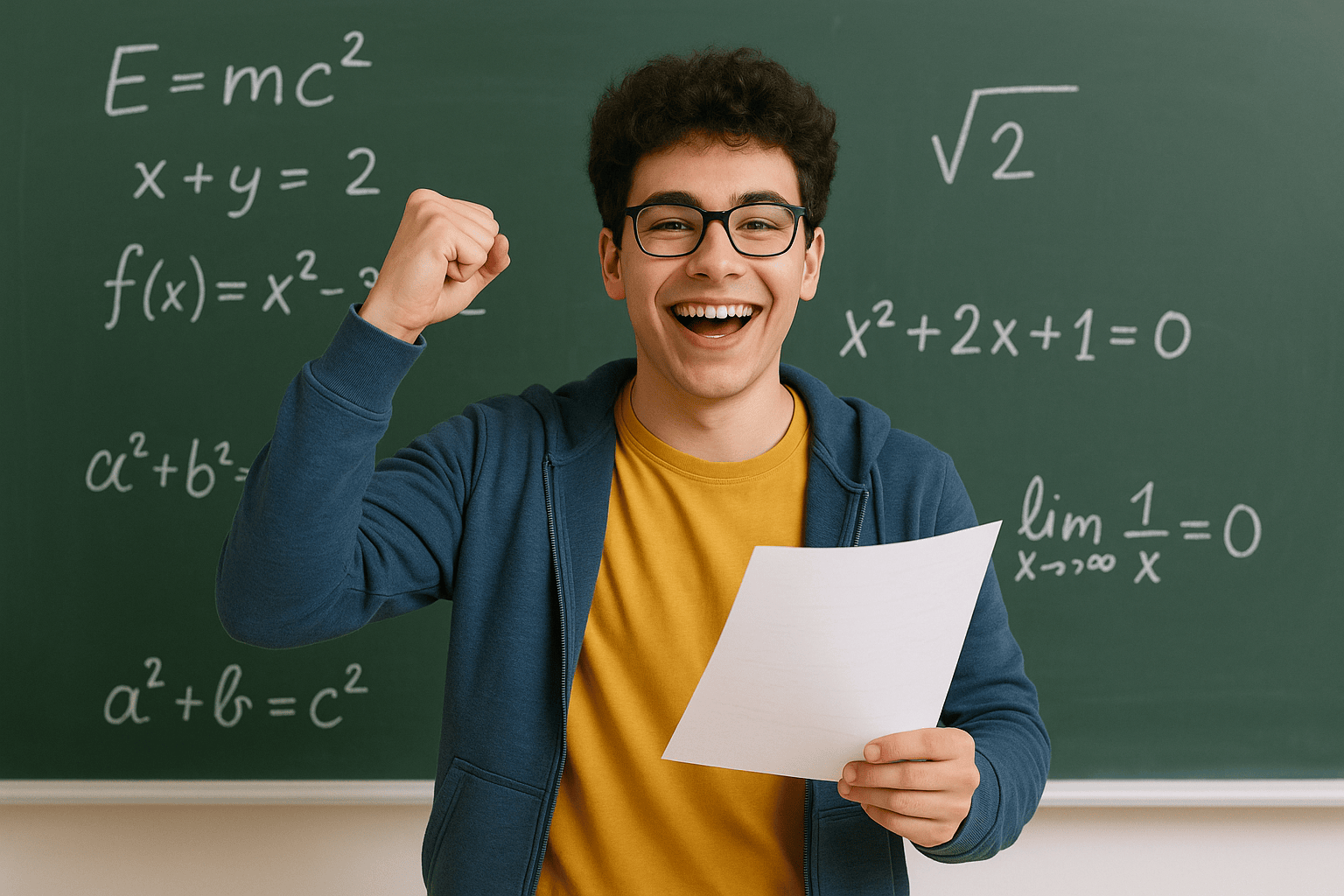 un élève le poing fermé devant un tableau avec des formules de mathématiques. Il sert le poing en l'air car il tient son dernier contrôle en main et il à eu 20/20